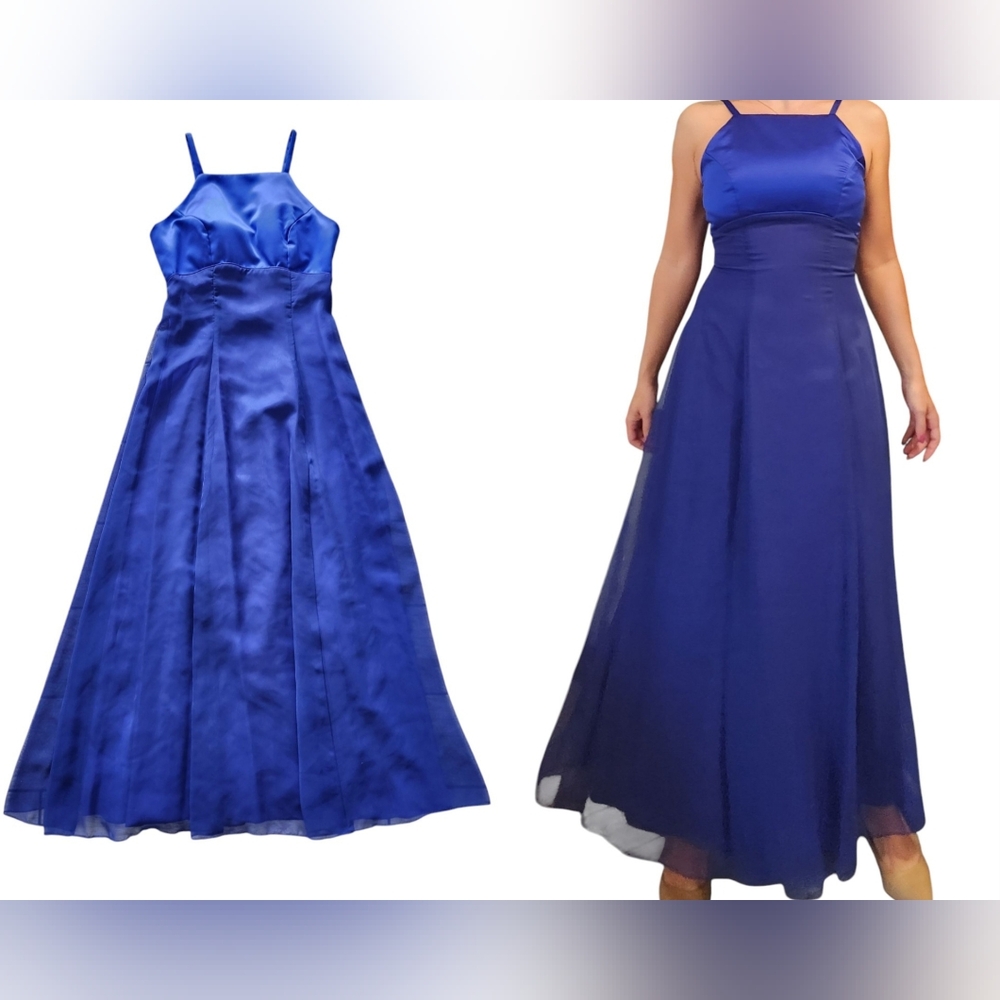 Alfred Angelo Royal Blue Formal Dress Prom Maxi Gown Sz S/P Y2K Empire Waist Vtg